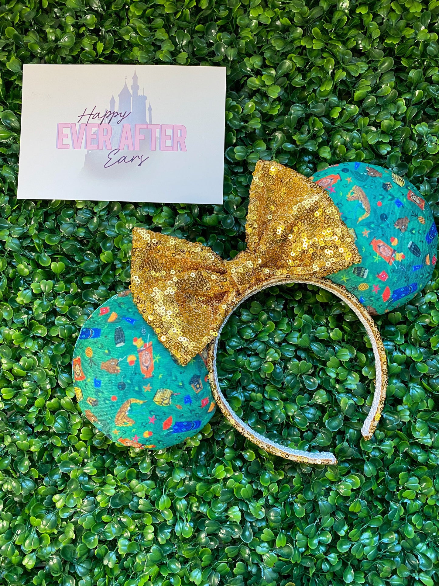 Mouse Ears Headband with Trader’s Sam Tiki Bar Theme Gold Sequin Bow Multicolor Bright Mickey Minnie Disney Women Girls Headband