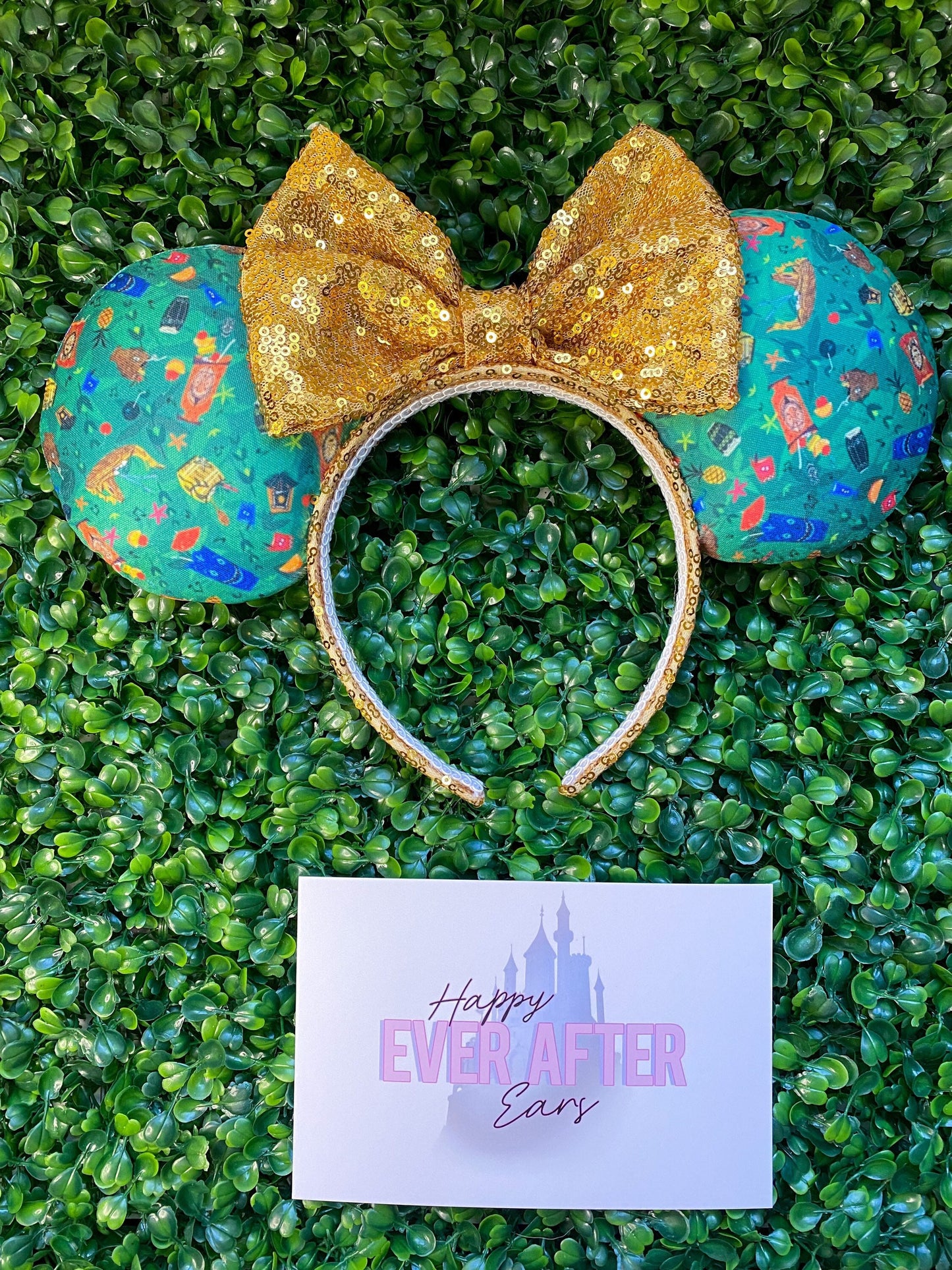 Mouse Ears Headband with Trader’s Sam Tiki Bar Theme Gold Sequin Bow Multicolor Bright Mickey Minnie Disney Women Girls Headband