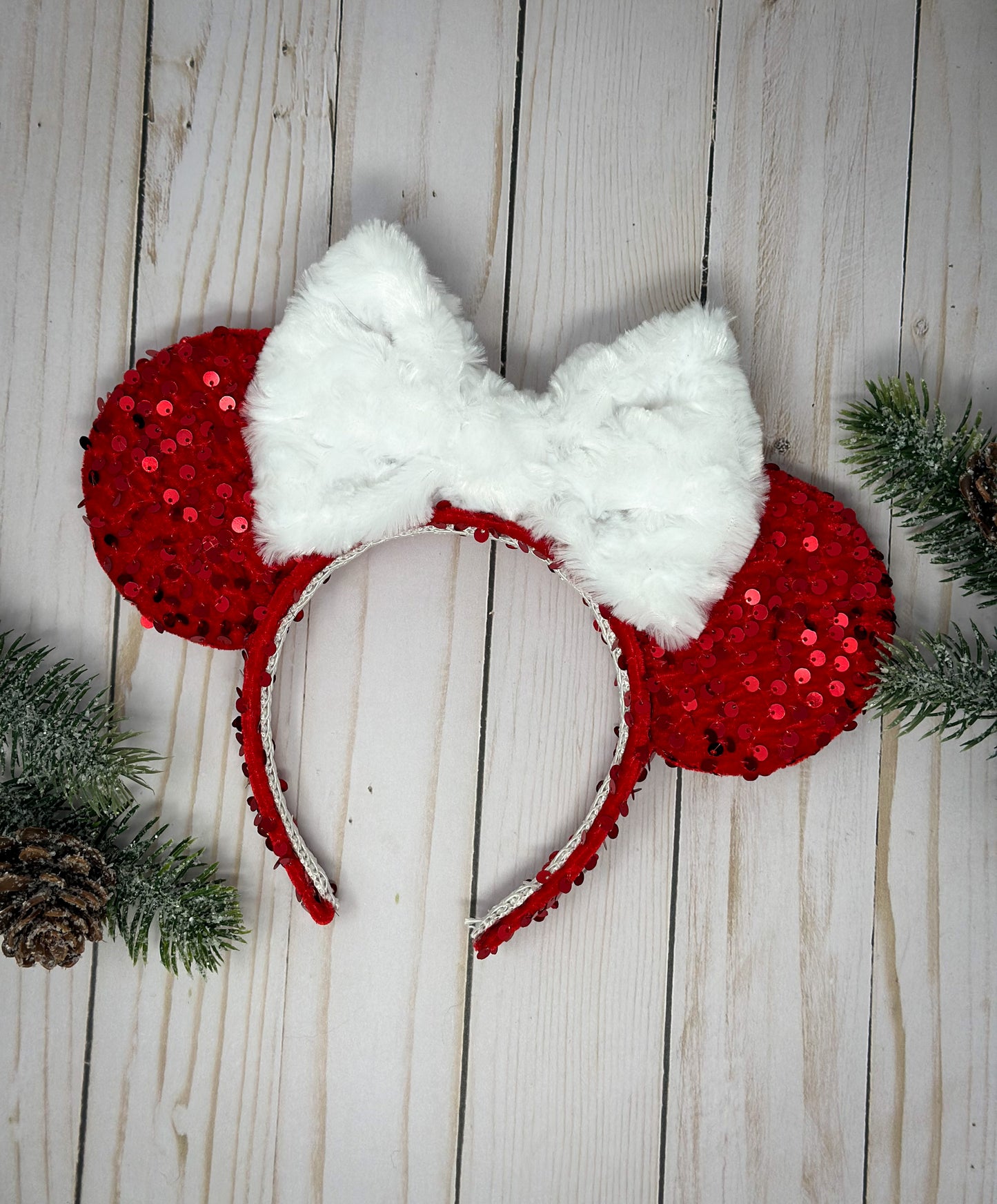 Mouse Ears Headband Red Sparkly Sequin Disney Mickey Minnie Cute White Fur Bow Adults Girls Holiday Hair Accessory