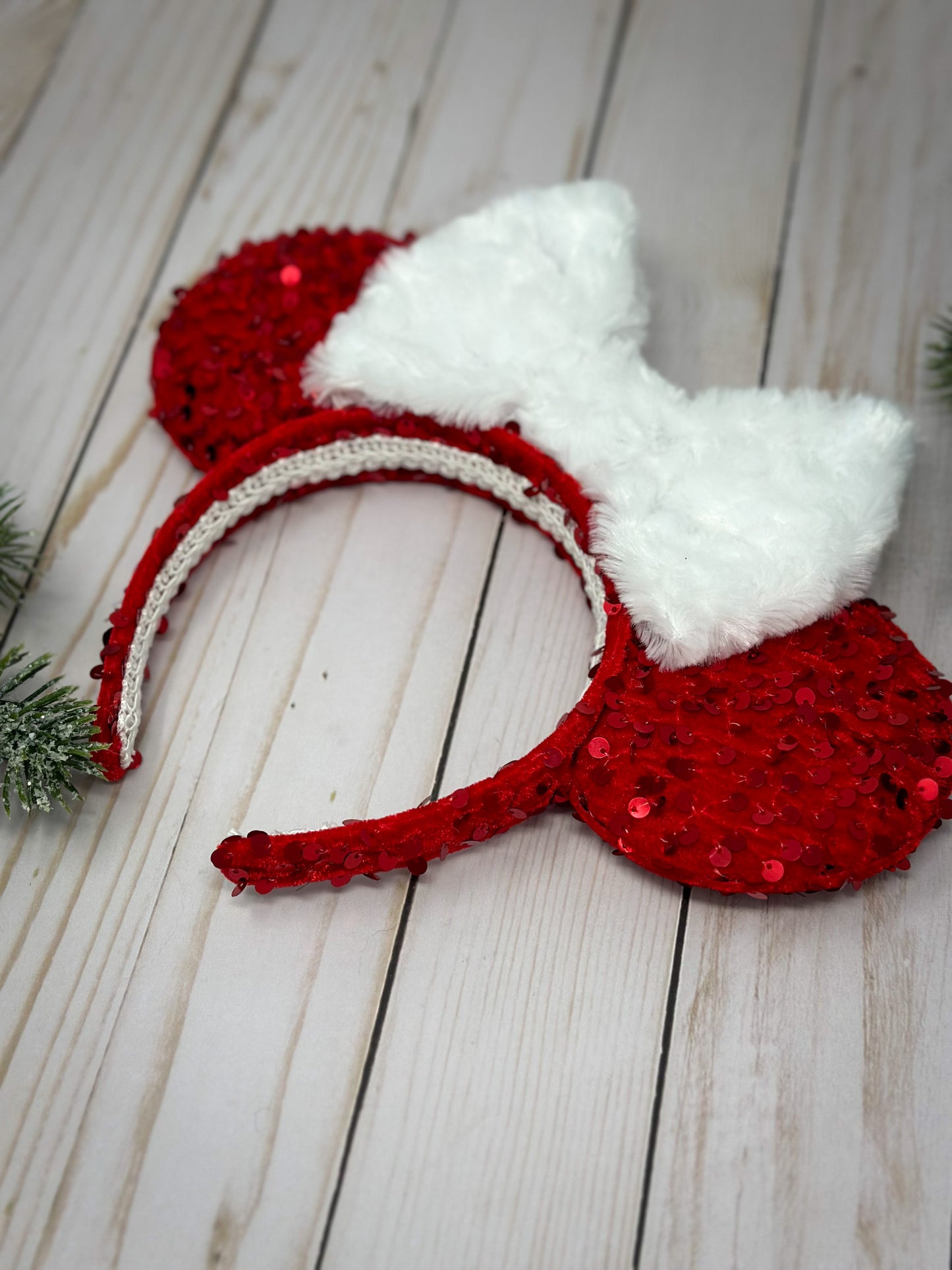 Mouse Ears Headband Red Sparkly Sequin Disney Mickey Minnie Cute White Fur Bow Adults Girls Holiday Hair Accessory